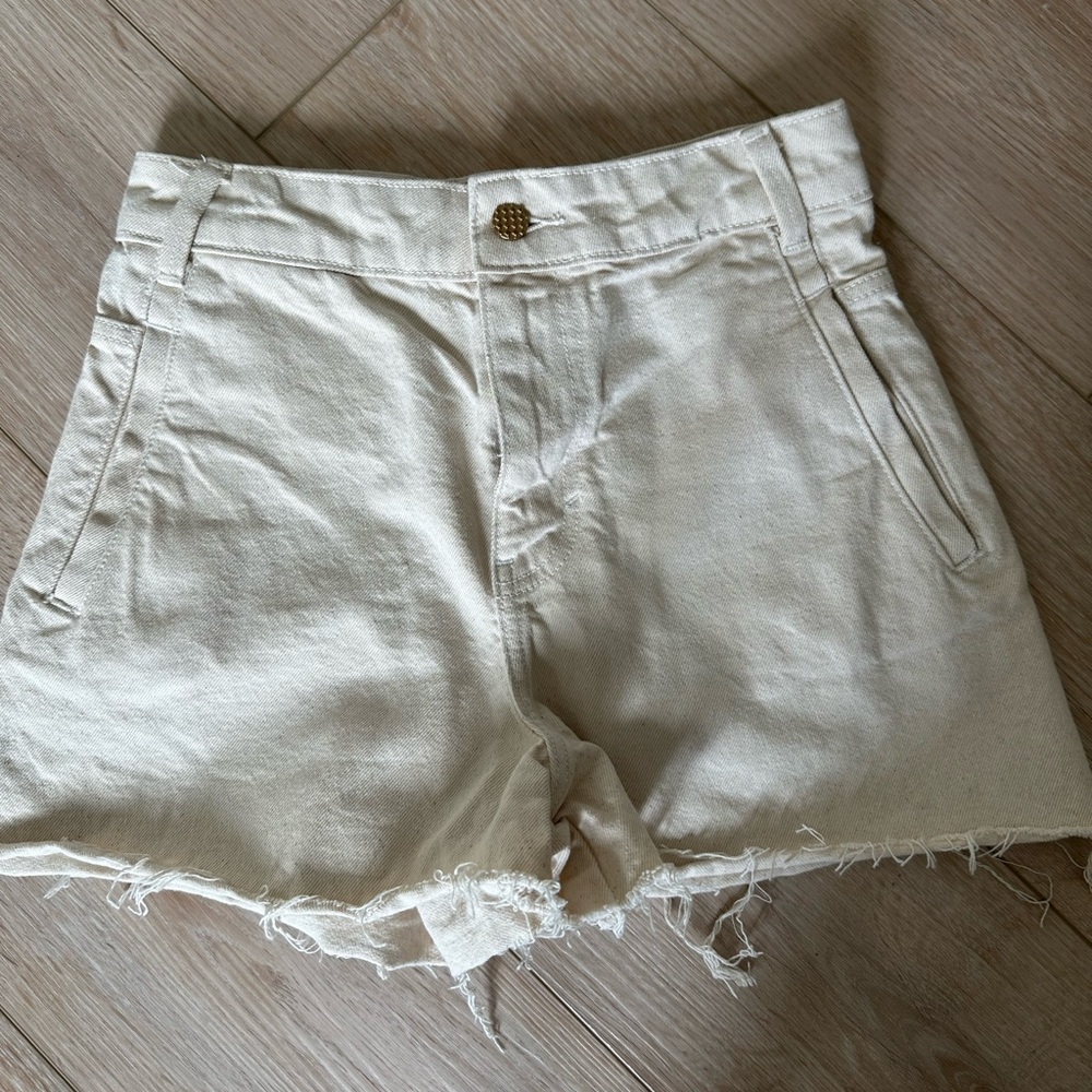 Zara Cream Frayed-Hem Denim Shorts